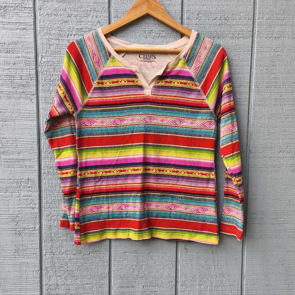 RL Chaps Sport Aztec Striped Long Sleeve Tee sz L Multi Southwest Cowgirl